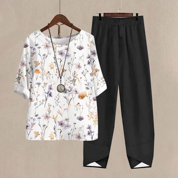 Taylonsss Women's Casual Round Neck 5/4 Sleeve Top And Pants Digital Printing Two-piece Set