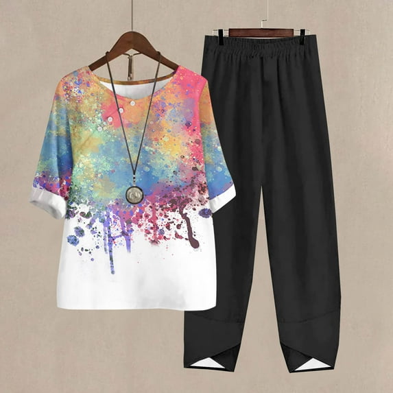 Taylonsss Women's Casual Round Neck 5/4 Sleeve Top And Pants Digital Printing Two-piece Set