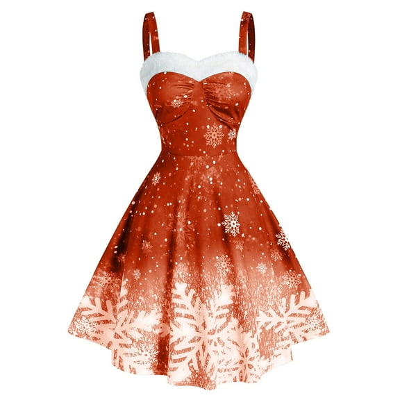 Taylonsss Women's Christmas Dress Causal Strap Print Snowflake Print Vintage Holiday Party Dress