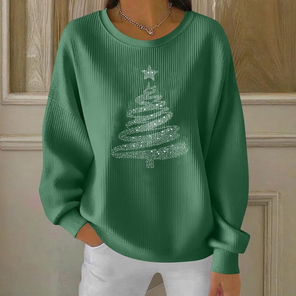 Taylonsss Women's Christmas Print Sweatshirt Round Neck Long Sleeve Ribbed Knit Casual Festive Top for Holiday Gatherings