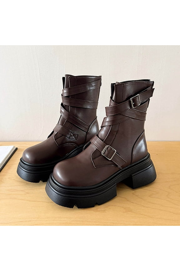 Women's Chunkys Heel Rear Zipper Ankle Boots with Thick Sole for Fall and Winter Comfortable Moto-Style Boots with Buckle Details and Cushioned Support