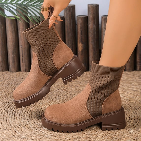 Taylonsss Women's Chunkys Heel Round Toe Ankle Boots with Knit Patchwork for Fall and Winter Comfortable Pull-On Style with All-Day Comfort