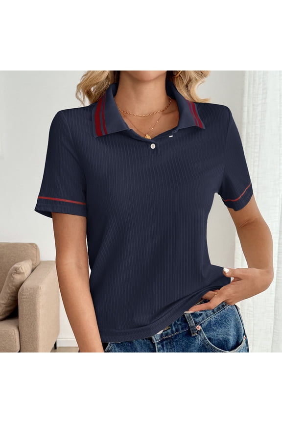 Women's Classic Ribbed Striped Polo Shirt with Contrast Collar Button Down Placket Short Sleeves for Smart Casual Wear Soft Stretchy Polyester-Spandex Blend All Seasons Comfort