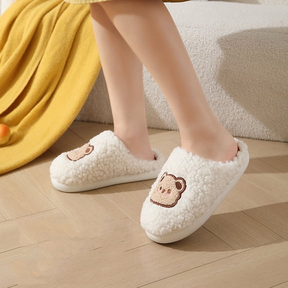 Taylonsss Women's Closed-Toe Plush Slippers with Bear Embroidery Thick-Soled Warm House Shoes for Fall and Winter Comfortable Indoor Footwear