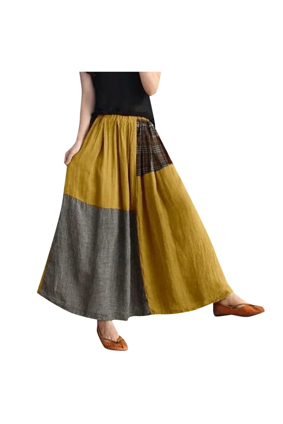 Women's Color Block Plaid Patchwork Skirt Elastic Waist Pleated Cotton Linen Long Skirt with Pockets