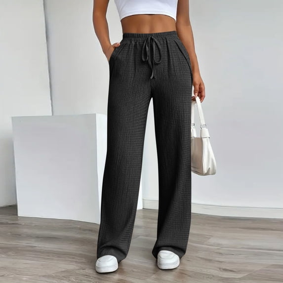 Taylonsss Women's Comfortable Loose Fit High Waist Bandage Elastic Waist Casual Pants with Side Pockets Nylon Spandex Blend for All Season Wear