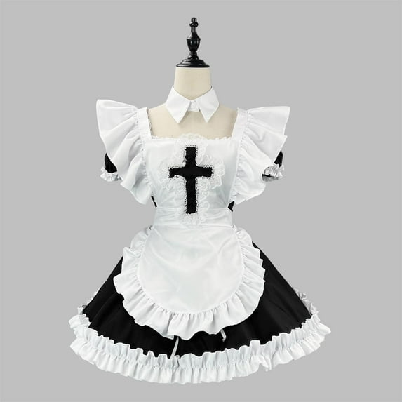 Taylonsss Women's Cosplay Dress Solid Color Cute Japanese Maid Style Square Neck Short Sleeve Knee-Length Anime Costume