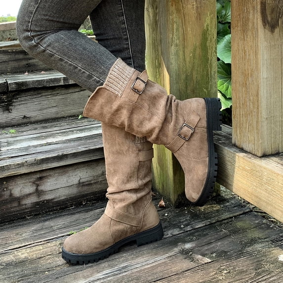 Taylonsss Women's Double Buckle Round Toe Mid Heel Mid Calf Boots with Faux Leather and Comfortable Sole for Winter Slouchy Casual Style with Adjustable Fit and All-Day Wear Comfort