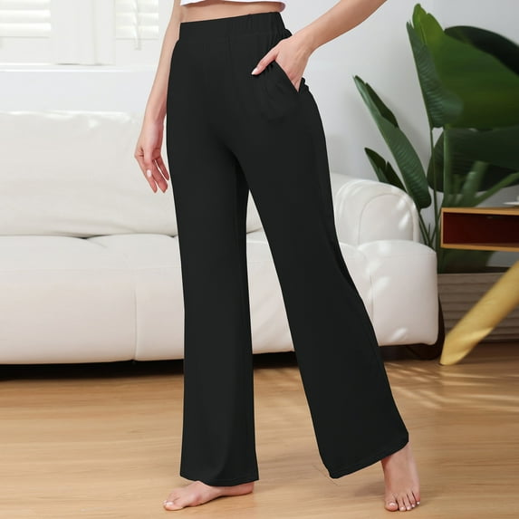 Taylonsss Women's Elastic Waist Wide Leg Trousers with Pockets Soft Knit Fabric Casual Lounge Pants for Warmth and Comfort
