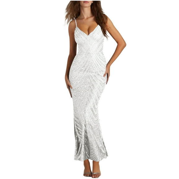 Taylonsss Women's Exquisite Suspender Sequin Dress Fashionable and Versatile Long Dress Suspender V-Neck Dress