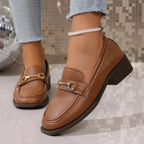 Taylonsss Women's Fashion Casual Chunky Heel Thick Sole Chain Accent British Style Mid Heel Loafers for Plus Size Comfortable Everyday Slip-On Shoes