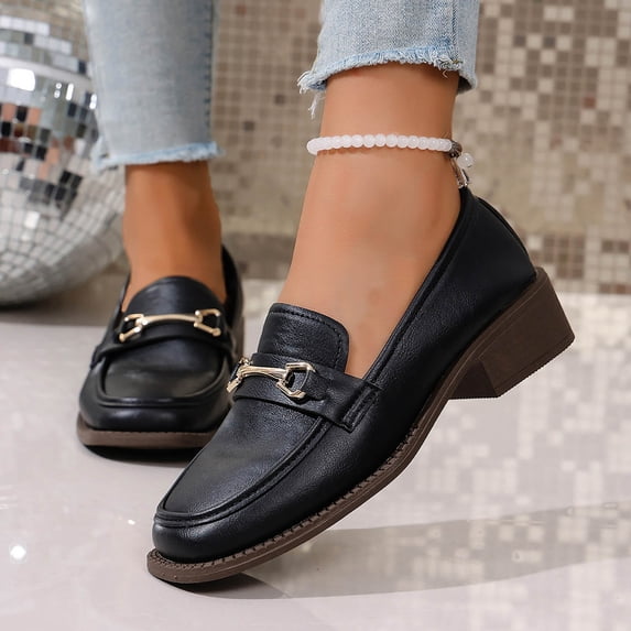 Taylonsss Women's Fashion Casual Chunky Heel Thick Sole Chain Accent British Style Mid Heel Loafers for Plus Size Comfortable Everyday Slip-On Shoes