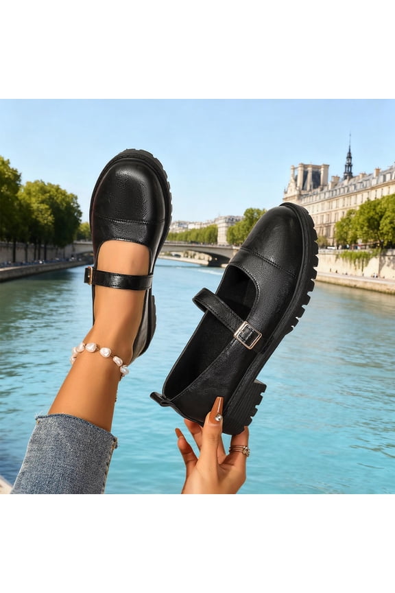 Women's Fashion Casual Round Toe Chunky Heel Thick Sole Loafers with Buckle Strap for All-Day Comfort and Versatile Wear