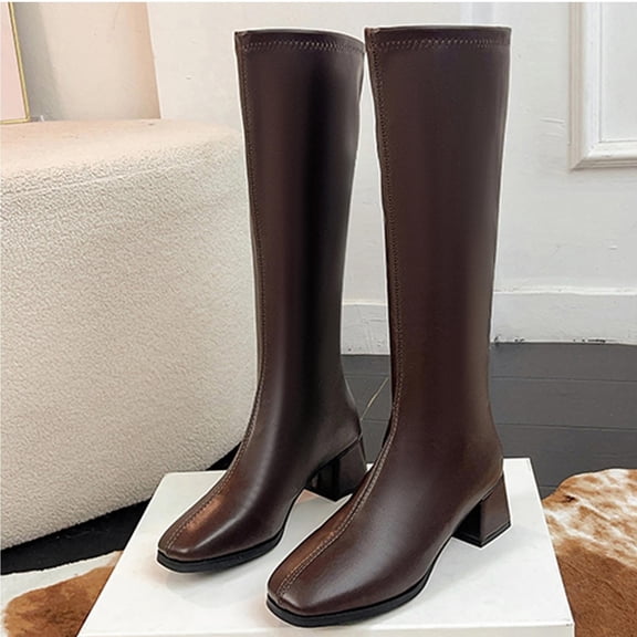 Taylonsss Women's Fashion Casual Winter Solid Color Thick Heel Square Toe Mid-Calf Boots with Blocks Heel for All-Day Comfort Water-Resistant Faux Leather Boots for Fall and Winter Seasons