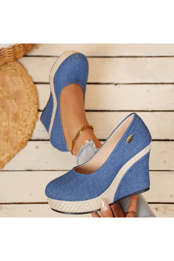 Women's Fashion Large Size Wedge Heel Roman Sandals with Denim Texture and Adjustable Ankle Strap for Fall and Winter Comfortable Height Increase Casual Outdoor Wear