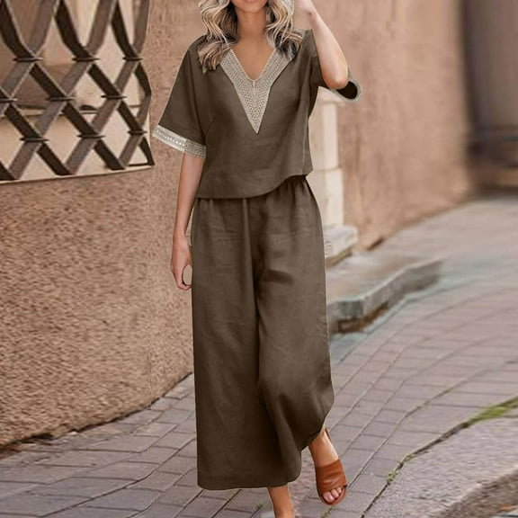 Taylonsss Women's Fashion Two Piece Solid Color Cotton And Linen Loose Casual Suit