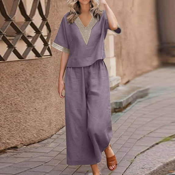 Taylonsss Women's Fashion Two Piece Solid Color Cotton And Linen Loose Casual Suit