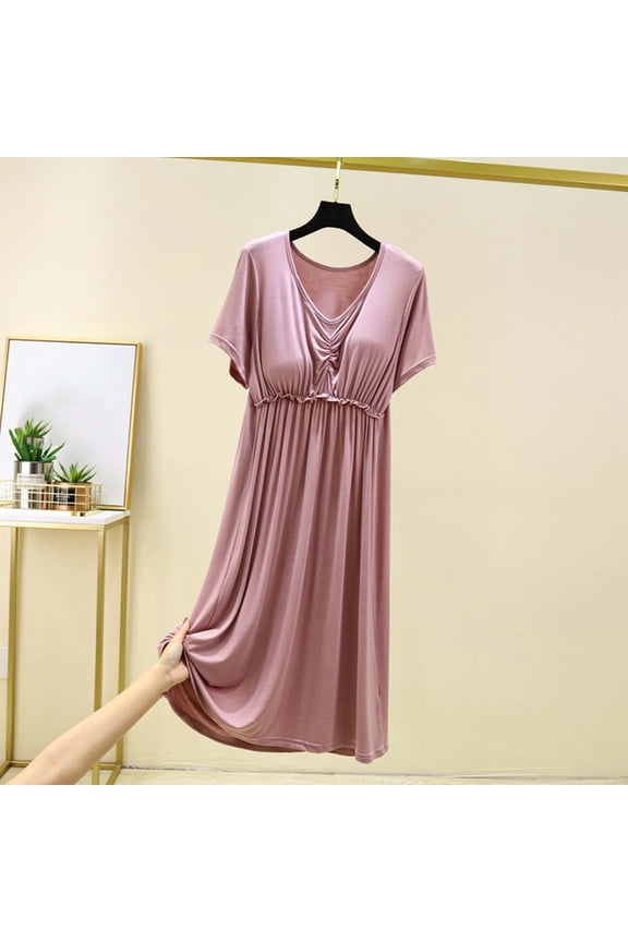 Women's Fashion V-Neck Short Sleeve Nightgown with Built-in Bra Soft Modal Cotton Polyester Blend Loose Fit Home Lounge Wear for All Seasons