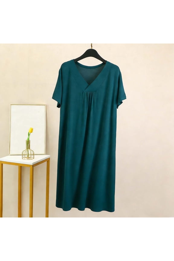 Women's Fashion V-Neck Short Sleeve Nightgown with Lace Trim Soft Modal Cotton Polyester Blend Comfortable Home Wear Robe