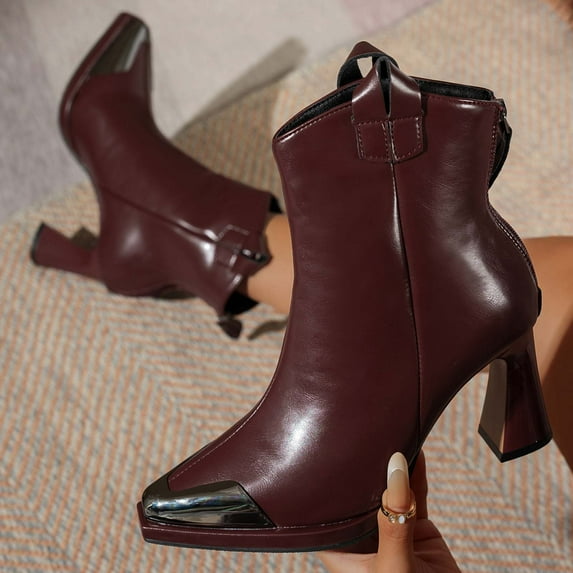 Taylonsss Women's Fashionable Ankle Boots with Pointed Toe Back Zipper Closure and Mid-Heel Blocks for Winter Comfortable Causal Short Boots with Metal Toe Cap Design