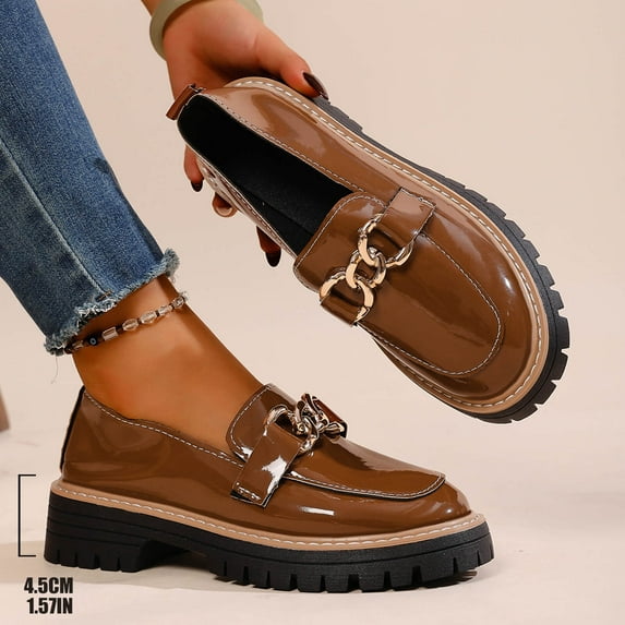 Taylonsss Women's Fashionable Casual Loafers with Round Toe and Slip-On Design Patent Leather Four-Season Shoes with Comfortable Thick Heel for Daily Wear