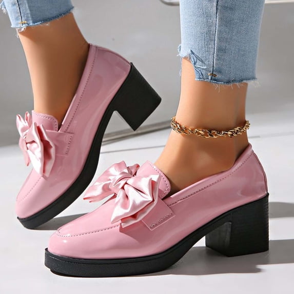 Taylonsss Women's Fashionable Casual Loafers with Chunkys Heel and Round Toe All-Season Comfortable Slip-On Flats with Bow Detail and Patent Leather