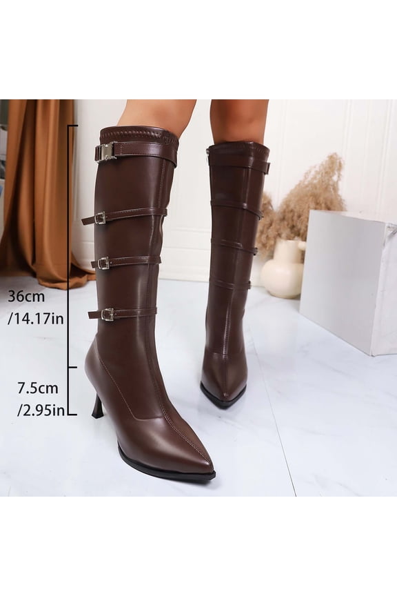 Women's Fashionable Knee-High Boots with Pointed Toe Side Zipper and Mid Heel for Winter Comfortable Straight-Leg Causal Boots with Padded Insole and Stable Outsole