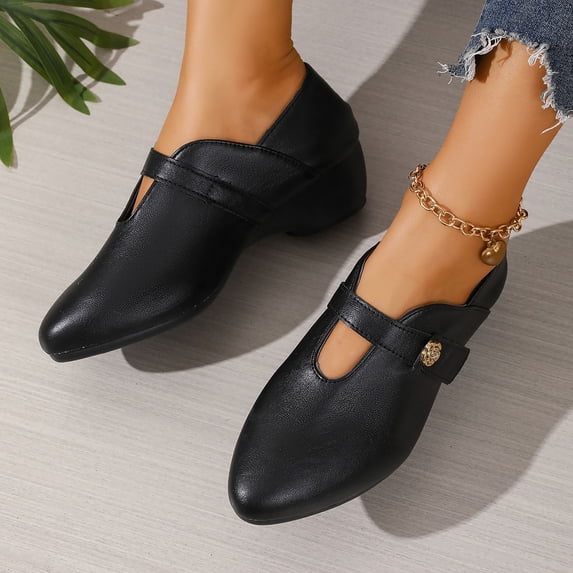 Taylonsss Women's Fashionable Vintage Camellia Design Pointed Toe T-Strap Chunky Heel Soft Sole Breathable Low Top Loafers for All-Day Comfort and Casual Office Wear