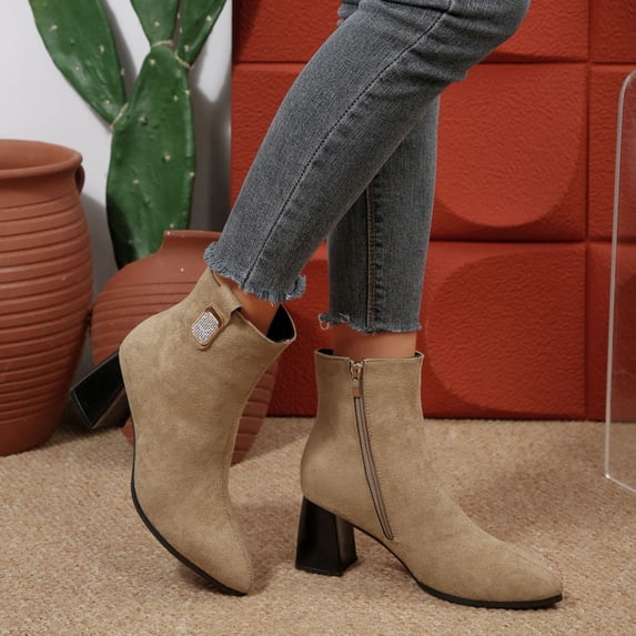 Taylonsss Women's Faux Suede Pointed Toe Mid Heel Boots with Rhinestone Detail and Side Zipper for Winter Casual Wear Comfortable All-Day Blocks Heel Boots