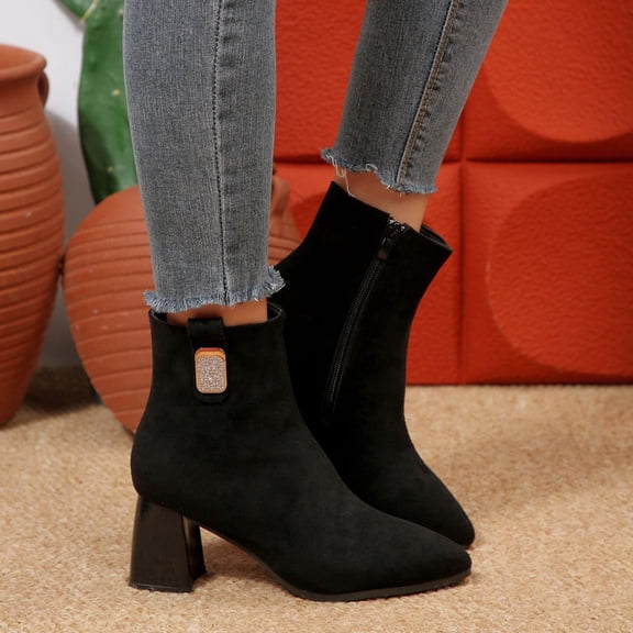Taylonsss Women's Faux Suede Pointed Toe Mid Heel Boots with Rhinestone Detail and Side Zipper for Winter Casual Wear Comfortable All-Day Blocks Heel Boots