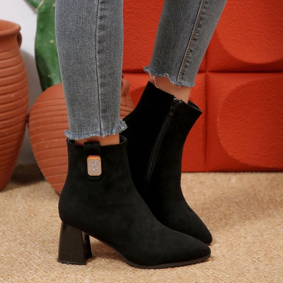 Taylonsss Women's Faux Suede Pointed Toe Mid Heel Boots with Rhinestone Detail and Side Zipper for Winter Casual Wear Comfortable All-Day Blocks Heel Boots