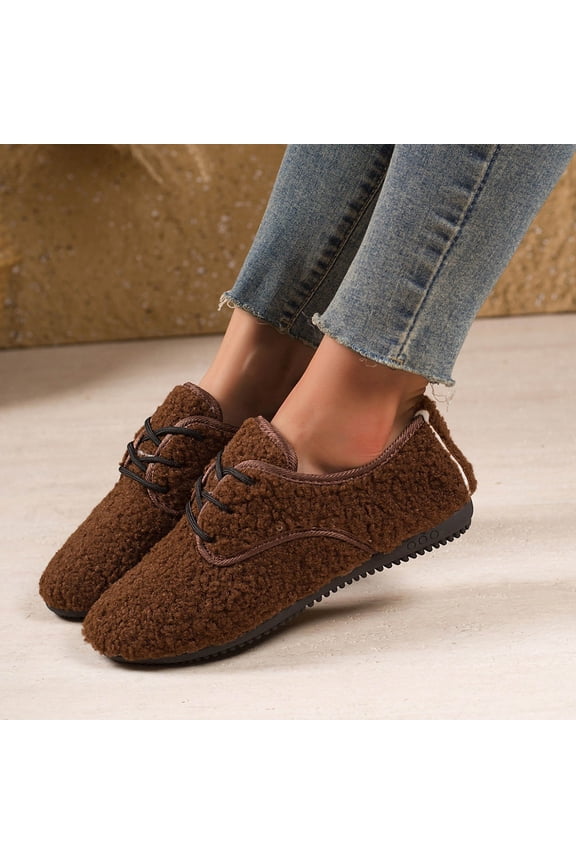Women's Fleece-Lined Slip-On Flat Shoes with Round Toe and Front Lace-Up Design for Winter Comfortable and Warm Casual Footwear with Breathable Lining and Enduring Rubber Sole