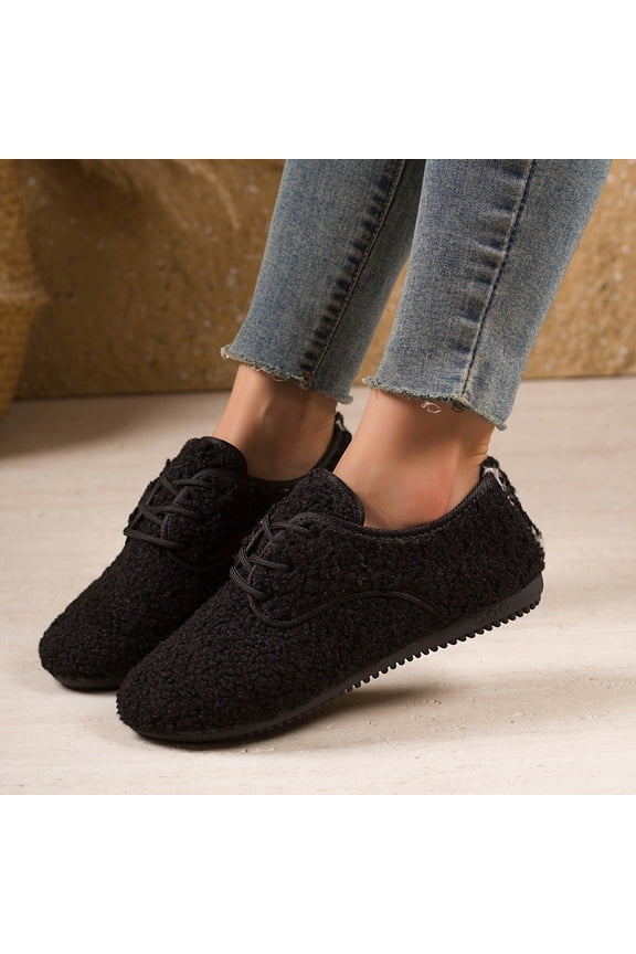 Women's Fleece-Lined Slip-On Flat Shoes with Round Toe and Front Lace-Up Design for Winter Comfortable and Warm Casual Footwear with Breathable Lining and Enduring Rubber Sole
