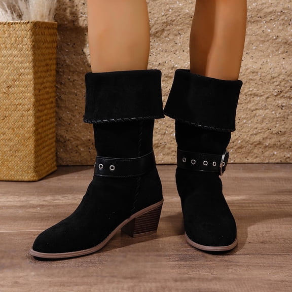 Taylonsss Women's Fold-Down Cuff Belt Buckle Mid-Calf Boots with Chunkys Mid-Heel for Fall and Winter Comfortable and Breathable Western Style Boots