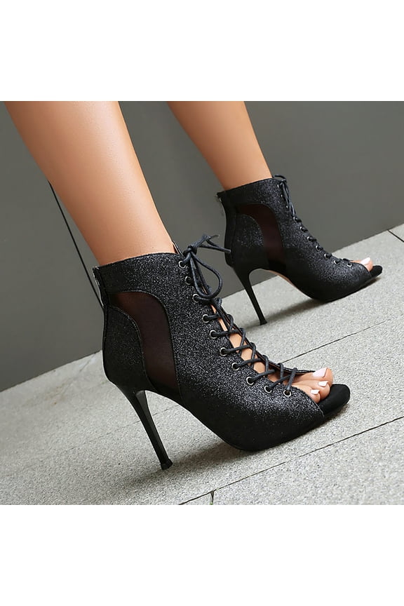 Women's Glitter Fabric Peep-Toe Adjustable Lace-Up Sheer Panel High Heel Ankle Boots for Summer Parties Jazz Dance and Everyday Casual