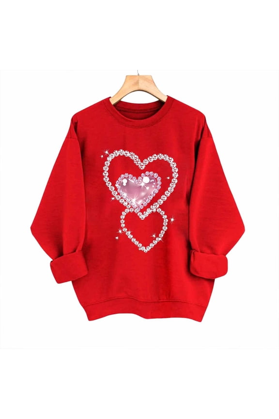 Women's Heart Printed Long Sleeve Round Neck Hooded Sweatshirt Casual Loose Fit Top for Spring Winter Daily Wear