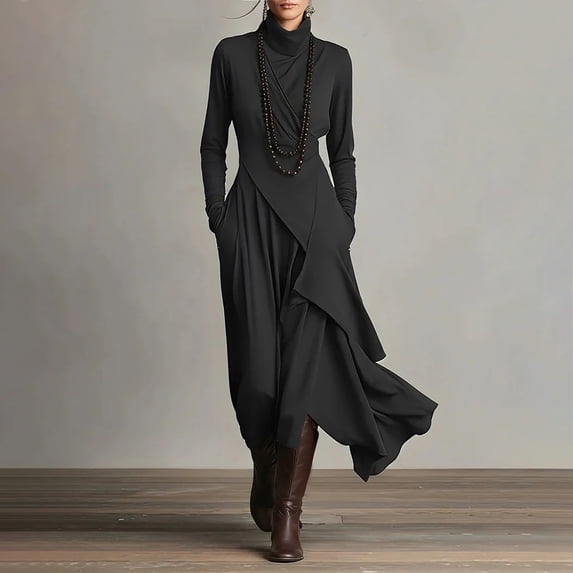 Taylonsss Women's High Neck Long Sleeve Casual Dress with Warmth Soft Blend Mid-Calf Length for Office Party and Holiday Wear