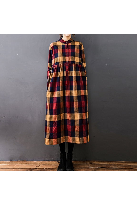 Women's High Waist Checkered Plaid Lapel Long Sleeve Pullover Dress Comfortable Polyester Spandex Blend Casual Wear for All Season