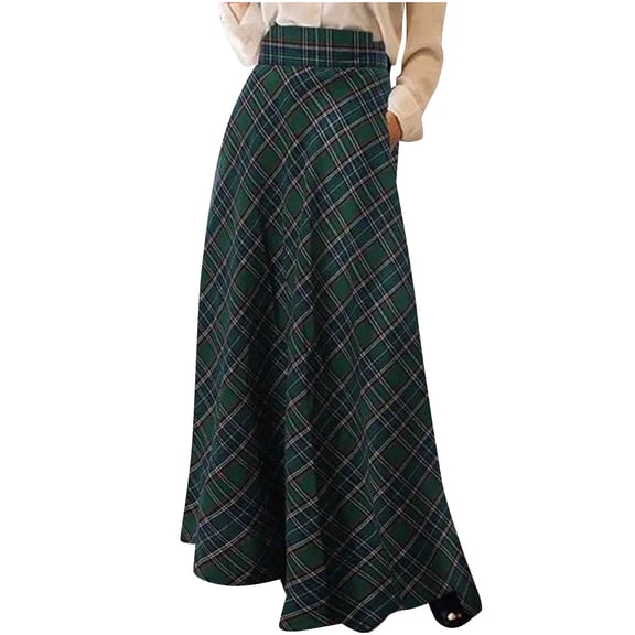 Taylonsss Women's High Waist Tartan A Line Long Full skirt Vintage Plaid Pleated Maxi Skirt Dress with Pockets