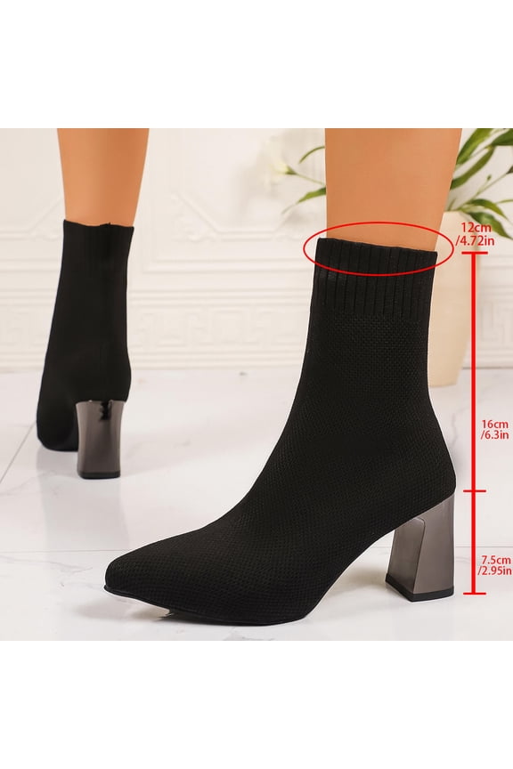 Women's Knit Elastic Pointed Toe Chunkys Heel Slip-On Mid-Calf Boots for Casual Wear Comfortable and Flexible Fit