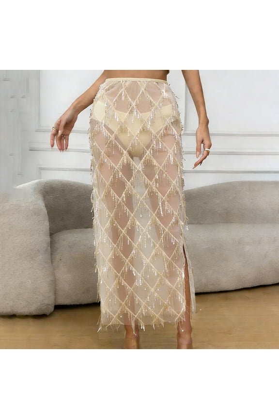 Women's Lace Sheer Long Skirt High Waist A-line Summer Sexy Beach Maxi Skirts