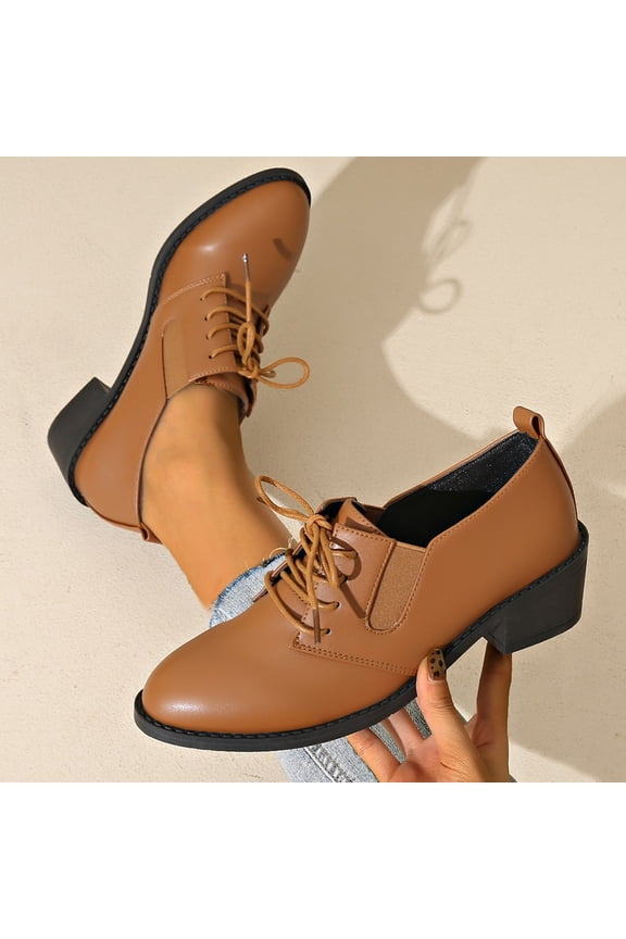 Women's Lace-Up Oxfords Shoes with Blocks Heel and Round Toe All-Season Low-Cut Flats for Casual and Office Wear Comfortable Padded Insole for All-Day Use