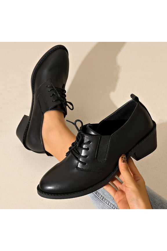 Women's Lace-Up Oxfords Shoes with Blocks Heel and Round Toe All-Season Low-Cut Flats for Casual and Office Wear Comfortable Padded Insole for All-Day Use