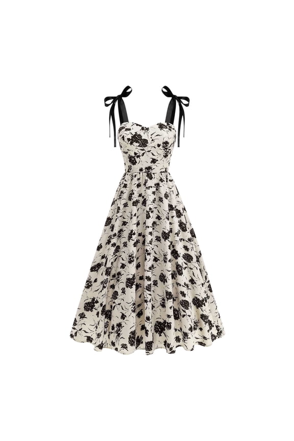 Women's Lace-Up Shoulder Floral Print Elegant Dress with Waist Cinching for Casual Vacation Wear Winter Warmth Soft Polyester Spandex Blend