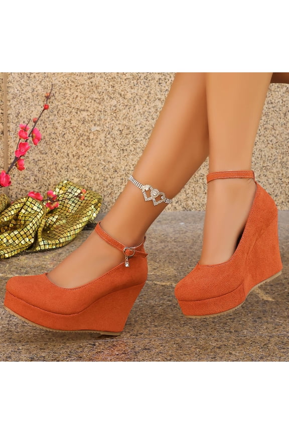 Women's Large Size Wedge Heel High Heel One Button Ankle Strap Round Toe Shallow Mouth Shoes for Casual Fall and Winter Wear