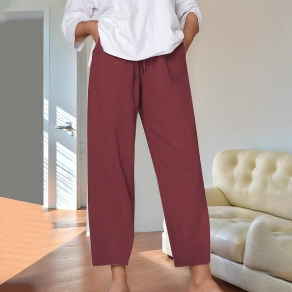 Taylonsss Women's Linen Blend Straight Leg Casual Ankle-Length Pants with Adjustable Tie Waist for Versatile Spring and Summer Wear