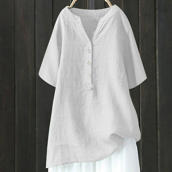 Taylonsss Women's Loose And Versatile V-neck Five Quarter Sleeved Cotton Linen Tops Shirt Short Sleeved V-neck Tops/shirt