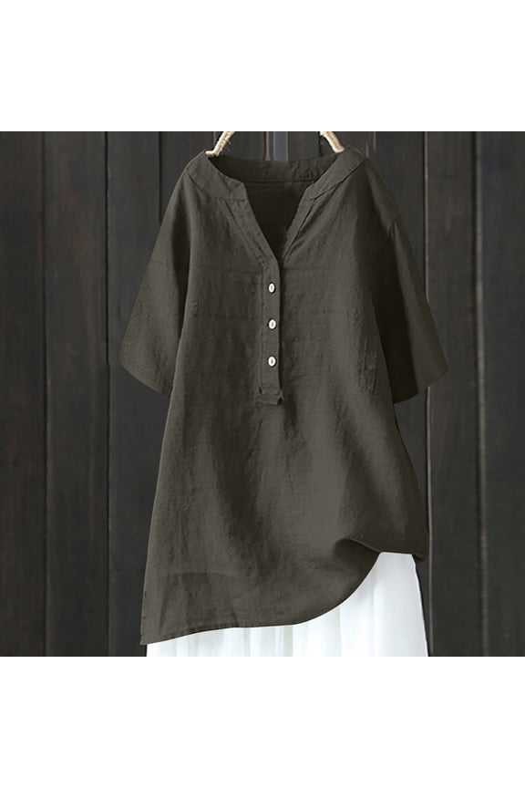 Women's Loose And Versatile V-neck Five Quarter Sleeved Cotton Linen Tops Shirt Short Sleeved V-neck Tops/shirt