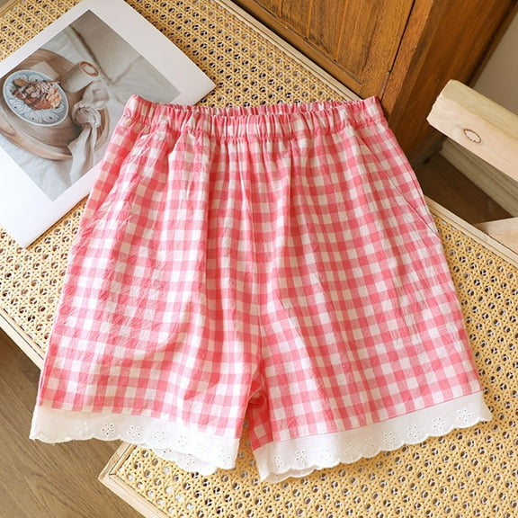 Taylonsss Women's Loungewear Shorts Checkered Lightweight Loose Fit Lace Detail Casual Homewear Cozy Sleepwear