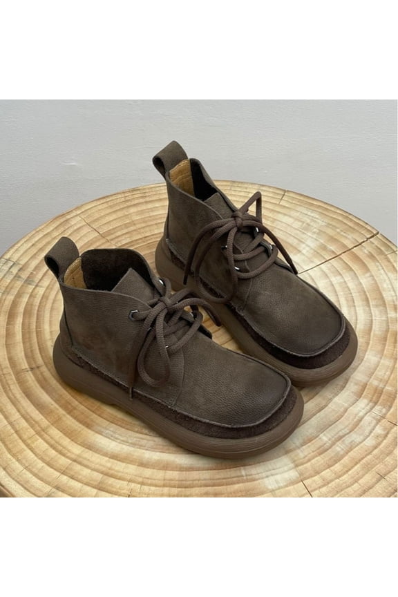 Women's Low Heel Lace-Up Round Toe Ankle Boots in Distressed Leather for Fall and Winter Comfortable Versatile Short Boots with Thick Sole for Casual and Outdoor Wear